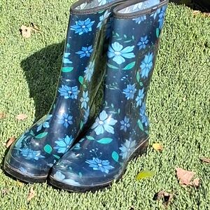 Floral Blue Women's Rain Boots Gardening Shoes Black Teal Green Woman's Size 7